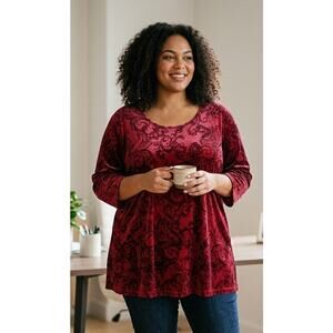 Catherine's Women 4x Burgundy Wine & Black Paisley 3/4 Length Sleeve Blouse